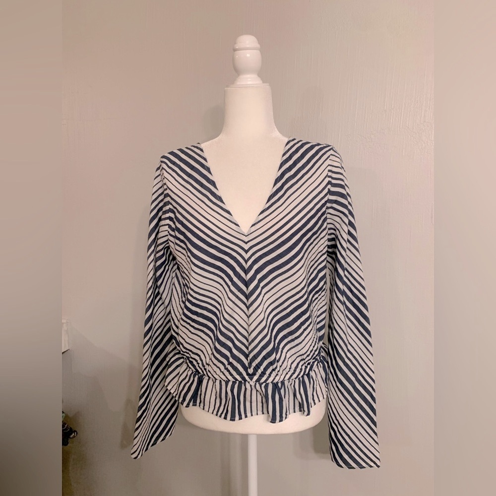 Express Navy and White Striped V-Neck Peplum Blouse